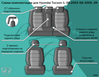 Авточехлы для HYUNDAI Tucson -1, 08.2004-08-2009, JM, РЗС40/60+подлок, 3Г Дублин Чёрный / Ёж Белый (арт. 112629la) в магазине Автоатрибут