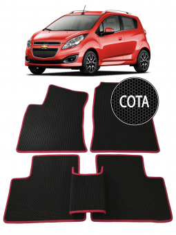 Автоковрики в салон EVA для CHEVROLET Spark (4-е поколение) 2015->, (лек 445) чёрная сота c красной окантовкой на любые автомобили